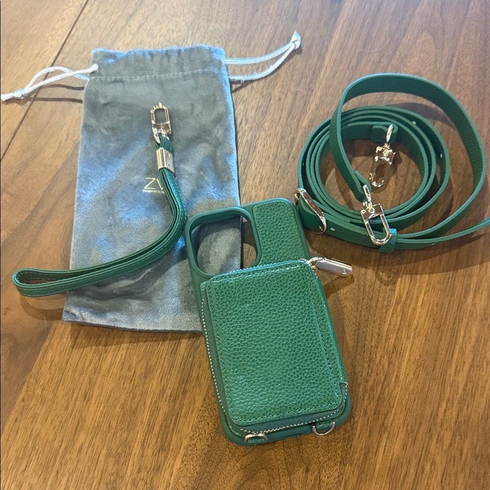 Green Leather Phone Case with Strap